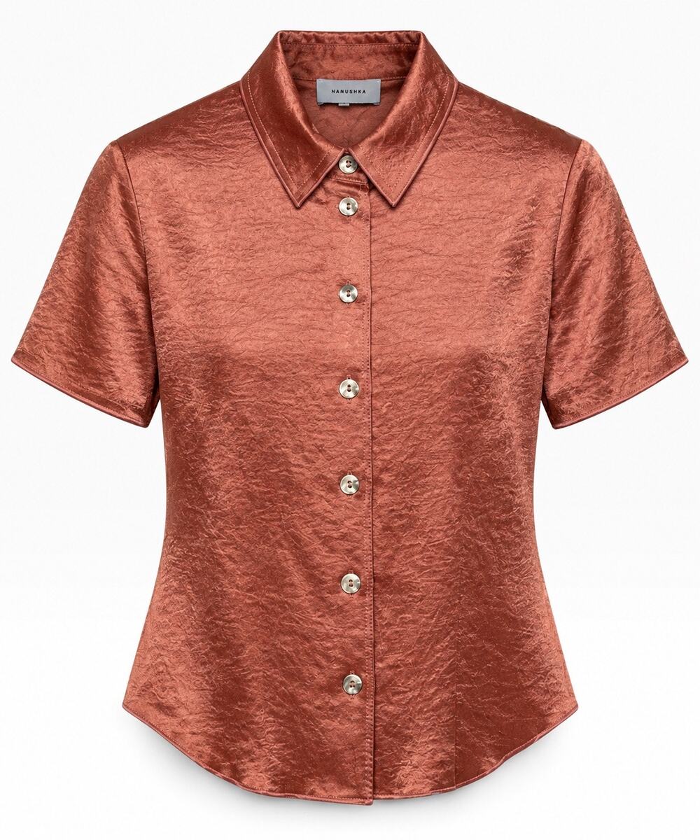 Nanushka Clare Fitted Satin Short Sleeve Shirt Rust Brick XS